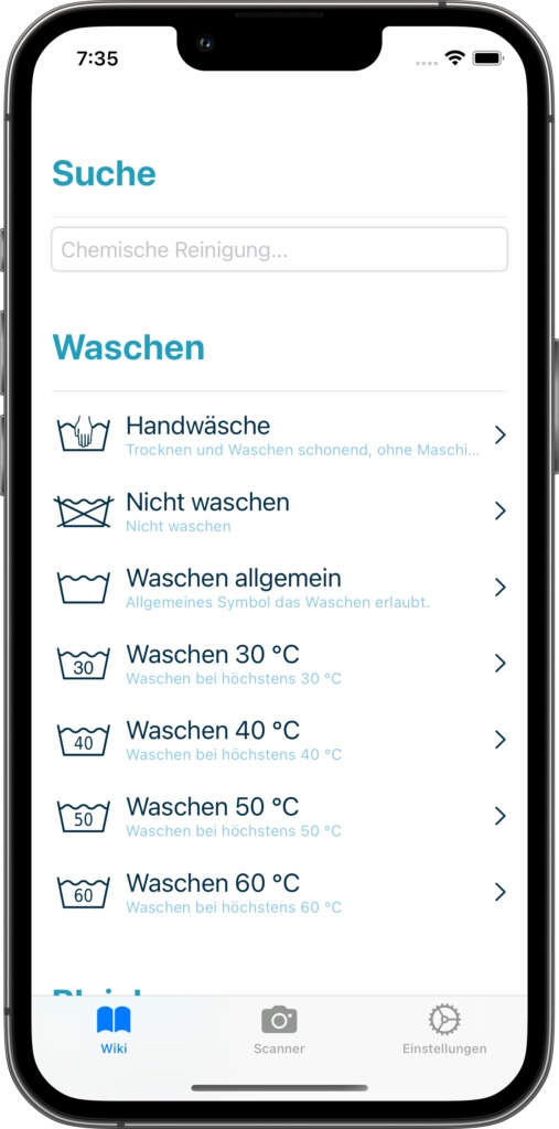Screenshot der App Laundry Symbols